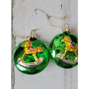Green circle  rocking horse blown glass ornament Xmas yellow decor pony set